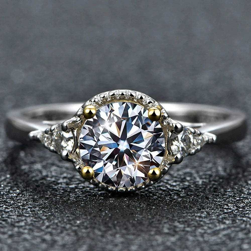 ATTAGEMS 1.0ct Round Engagement Ring 18K Yellow Gold Plated 925 Sterling Silver Diamond Moissanite Rings For Women Fine Jewelry
