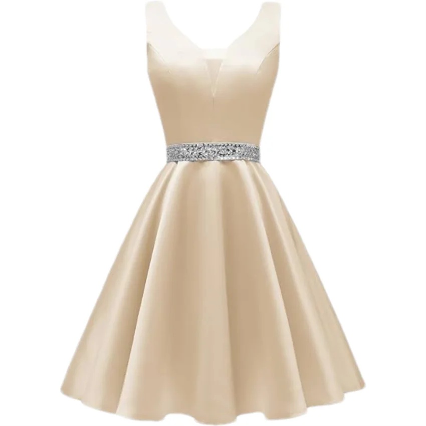 Customized Simple Satin Homecoming Dresses for Teens Short Prom Dress V-Neck Beaded Belts Evening Formal Cocktail Party Gowns