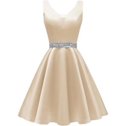 Customized Simple Satin Homecoming Dresses for Teens Short Prom Dress V-Neck Beaded Belts Evening Formal Cocktail Party Gowns