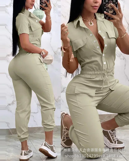 Short Sleeve Pocket Design Cuffed Cargo Jumpsuit Women Summer Solid Color Playsuits Jumpsuits Pants High Waist