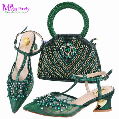 Gold Color New Arrivals Italian Design Nigerian Women Shoes and Bag Set Pointed Toe Slipper with Shinning Crystal for Party