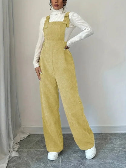 Women Casual Jumpsuit Corduroy Wide Shoulder Straps Button Detail Solid Color Relaxed Fit Autumn Winter Hand Wash Only