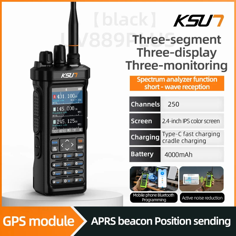Long Range Walkie Talkie AM/FM/CB/LSB/USB/CW Receiver with GPS APRS 10W Bluetooth Phone Programming Ham Radio KSUN 889PLUS