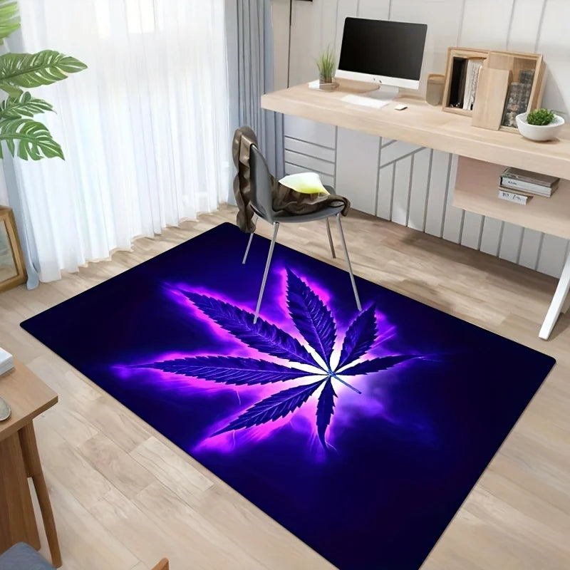 Psychedelic purple weed pattern rug cushion: non-slip, machine-washable polyester. For living room, bedroom—anti-fatigue decor.
