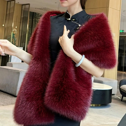 A Handmade Polyester Faux Fox Fur Women's Fashion Shawl for Weddings, Parties, and Gatherings, a Warm and Stylish Accessory