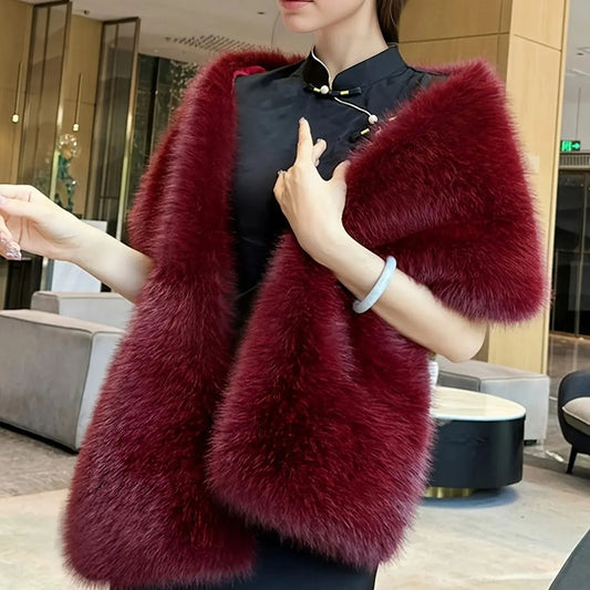 A Handmade Polyester Faux Fox Fur Women's Fashion Shawl for Weddings, Parties, and Gatherings, a Warm and Stylish Accessory