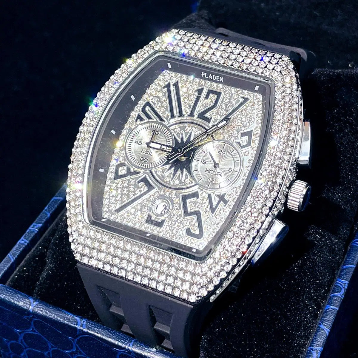 PLADEN Fashion Iced Out Watches Men Casual Blue Silicone Strap Quartz Wristwatch Man's Luxury Diamond Bling Tonneau Clocks 2026