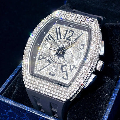 PLADEN Fashion Iced Out Watches Men Casual Blue Silicone Strap Quartz Wristwatch Man's Luxury Diamond Bling Tonneau Clocks 2026