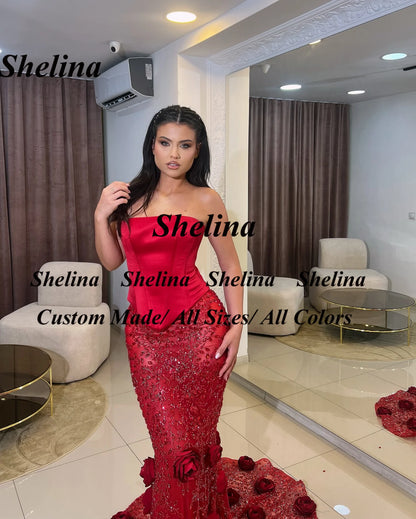 Shelina Exquisite Lace Appliques Evening Dress 3D Flowers Strapless Sleeveless Formal Party Gown Robes De Soiree Customized