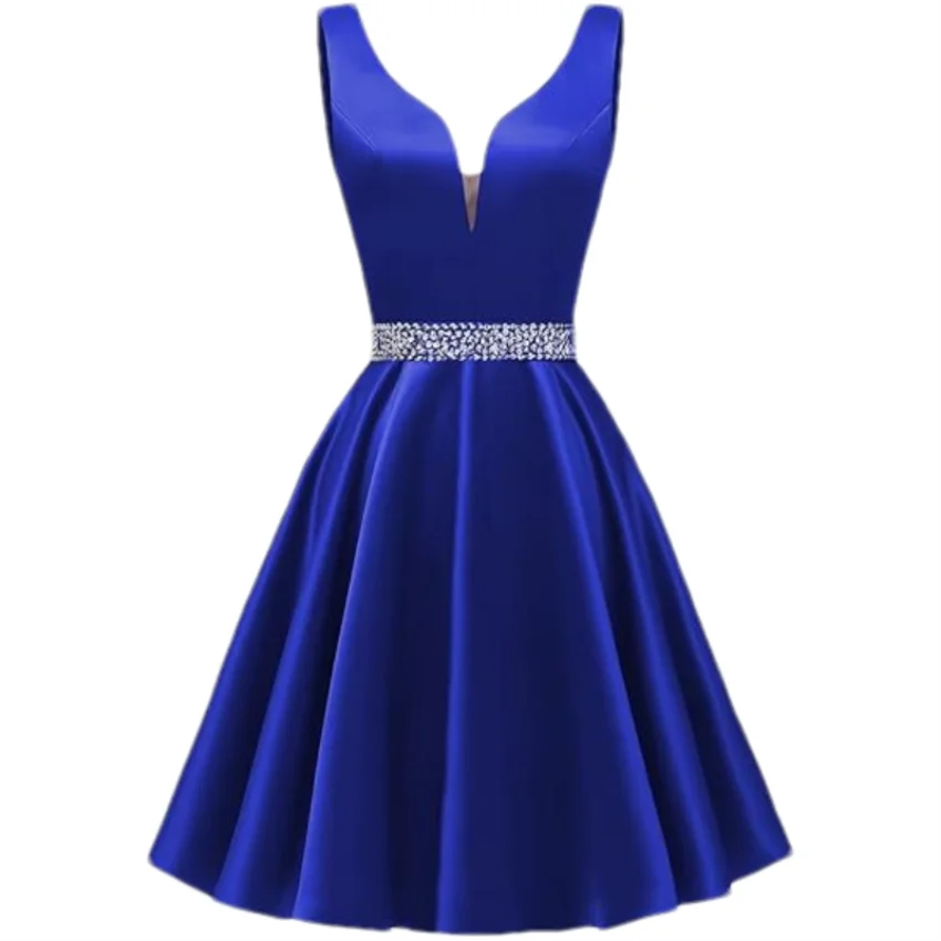 Customized Simple Satin Homecoming Dresses for Teens Short Prom Dress V-Neck Beaded Belts Evening Formal Cocktail Party Gowns