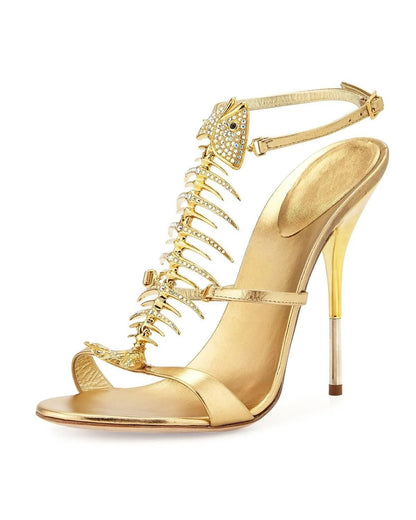 Rhinestone Fish Bone Round Toe Summer Women Sandals Stiletto High Heels Buckle Strap Design Large Size Fashion Lady Shoes