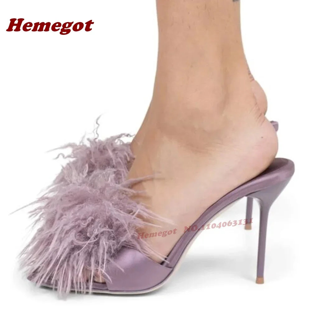 Purple Fluffy Fur Stiletto Heels Slippers Open Toe Satin Slip On Women Mules Summer Solid Patchwork Cute Casual Shoes Luxury