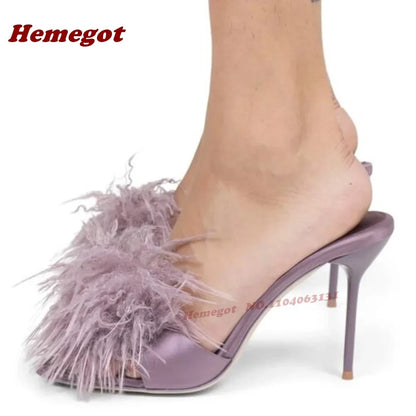 Purple Fluffy Fur Stiletto Heels Slippers Open Toe Satin Slip On Women Mules Summer Solid Patchwork Cute Casual Shoes Luxury