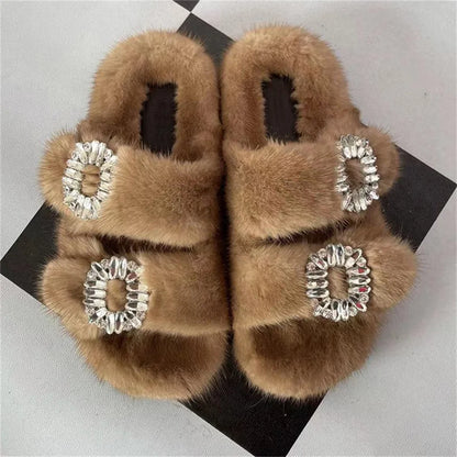 2025 New Women Fur Slippers Shoes Women Warm Winter Crystal Fur Shoes For Women Slippers Casual Plush Comfortable Mink Slippers