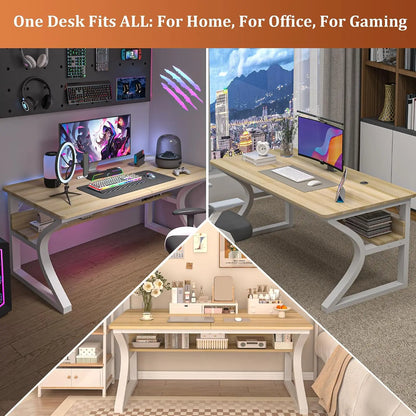 Computer Desk, 55x24 in Computer Desk, Office Desk w/Storage & U-Size Metal Frame for Home Office Bedroom Gaming, Office Desk w/Water-Resistant, Scratchproof Surface, Light Walnut