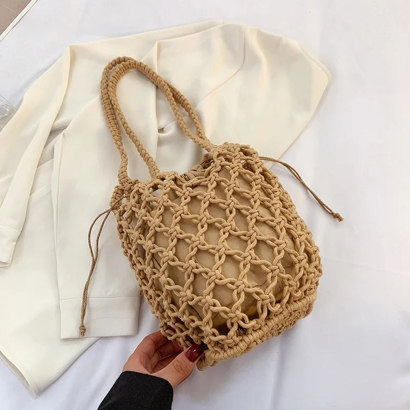 Summer Beach Bag For Women Mesh Rope Knitted Bucket Shoulder Bags  Reticulate Hollow Travel Shopper Totes Ladies Fashion Handbag