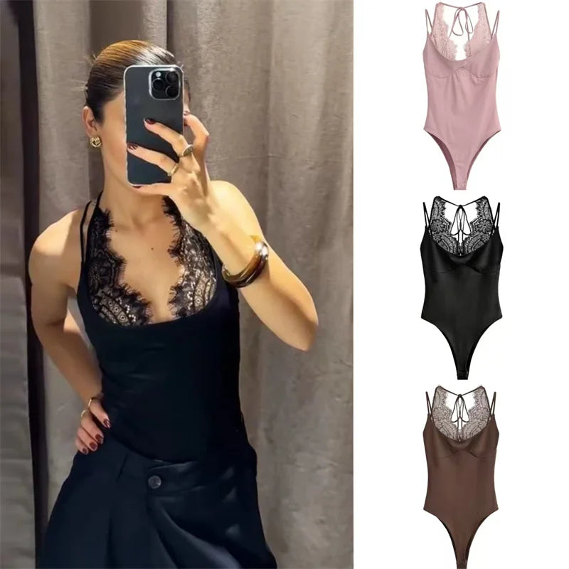 Women's Jumpsuit 2026 Spring New Solid Color Halter Neck Lace Splice Sexy Slim-Fit Romper Personalized Fashion