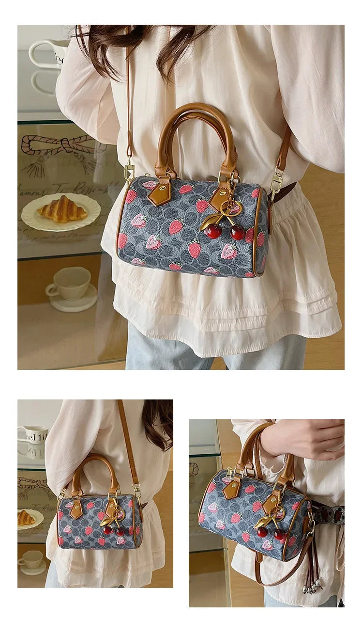 2026 Luxury Designers Crossbody Bags Cherry Pattern PU Leather Boston Handbag Shoulder Bags Bolsos Mujer Bags Woman Tote Bag