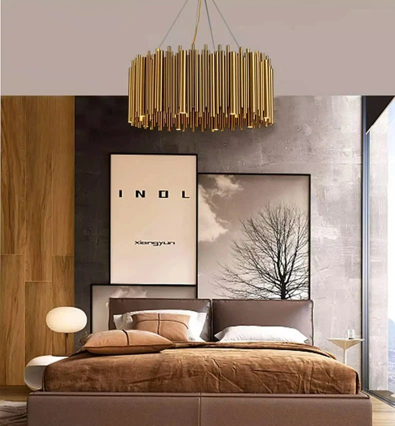 Living room chandelier Villa duplex modern simple stainless steel creative chandelier interior lighting LED lights gold
