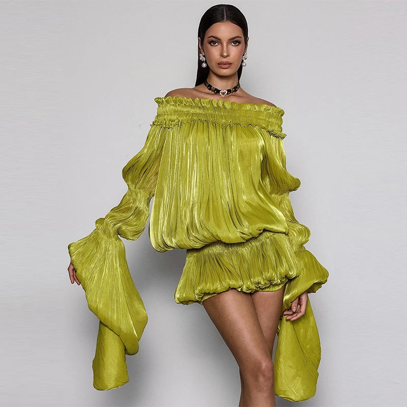 Fashion Off Shoulder Satin Ruffled Dress Set Elegant Puff Long Sleeve Irregular Hem Mini Skirt 2026 NEW Summer Lady Vestidos