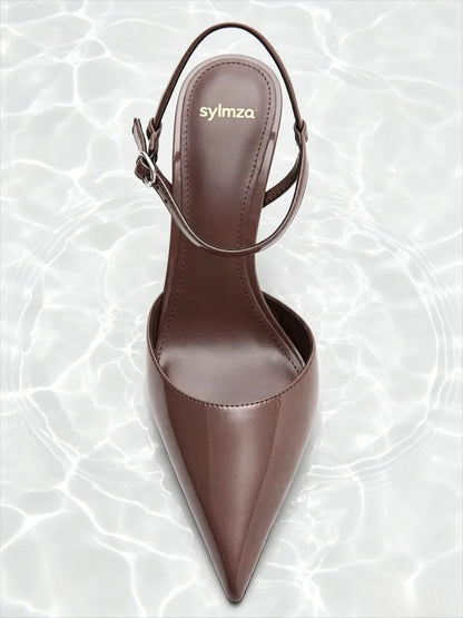Fashion Brown Patent Leather Pointed Toe High Heels Women Luxury Ankle Strap Buckle Stiletto Sandals Elegant Banquet Dress Shoes