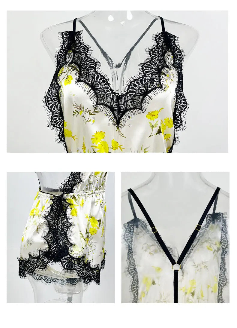 Sexy Adult Womens Clothing Temptation Camisole Shorts Pajamas One-Piece Ice Silk Nightdress Solid Color Print V-Neck Loungewear