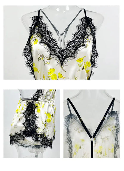 Sexy Adult Womens Clothing Temptation Camisole Shorts Pajamas One-Piece Ice Silk Nightdress Solid Color Print V-Neck Loungewear