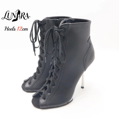 12cm/5Inch Plus size Beige PU Leather Lace-up Side zipper Peep toe High Stilettos Ankle boot Pole dancing Nightclub Rave Parties