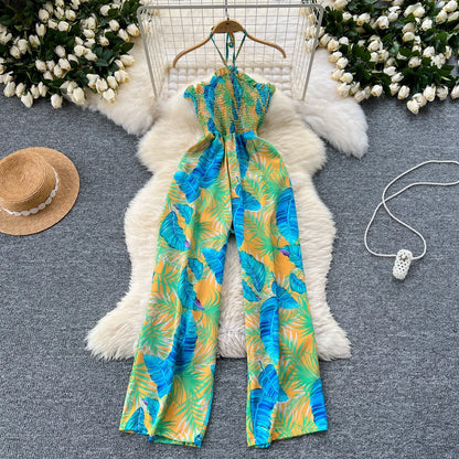 2024 New Summer Sexy Bohemian Leaf Print Jumpsuits Women Sleeveless Sexy Long Jumpsuit Mujer Casual Holiday Beach Rompers