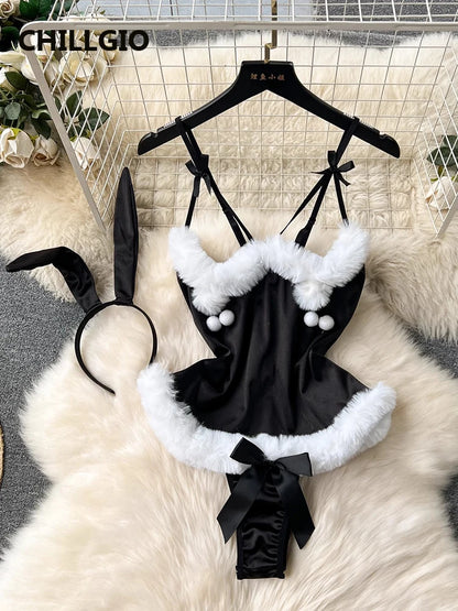 CHILLGIO Women Sexy Christmas One Piece Bodysuits Satin Tight Onesie Hot Bunny Catsuits Fashion Fur Combination Strappy Rompers