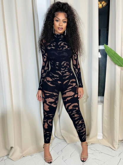 FAGADOER Sexy Lace See Through Patchwork Bodycon Jumpsuits for Woman Hollow-out Long Sleeves Rompers Female Streetwear Overalls