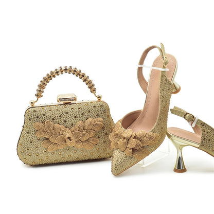 2024 Nigerian Style Rhinestone Medium Heeled Sandals for Women Fashion Wedding Party Shoes and Bags Set with Rhinestone
