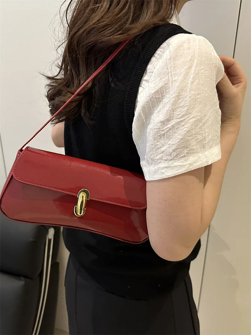 Fashion ladies shiny crossbody bag stylish elegant shoulder bag wine red small underarm bag versatile solid color clutch bag