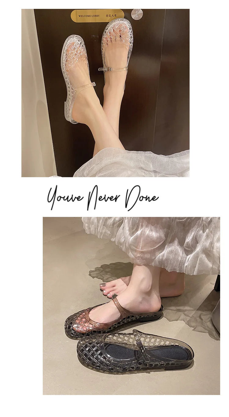 Women's Light Luxury Crystal Jelly Mary Jane Flat Sandals Hollow-out Breathable Closed Toe Summer Casual Non-slip Slip-on Shoes