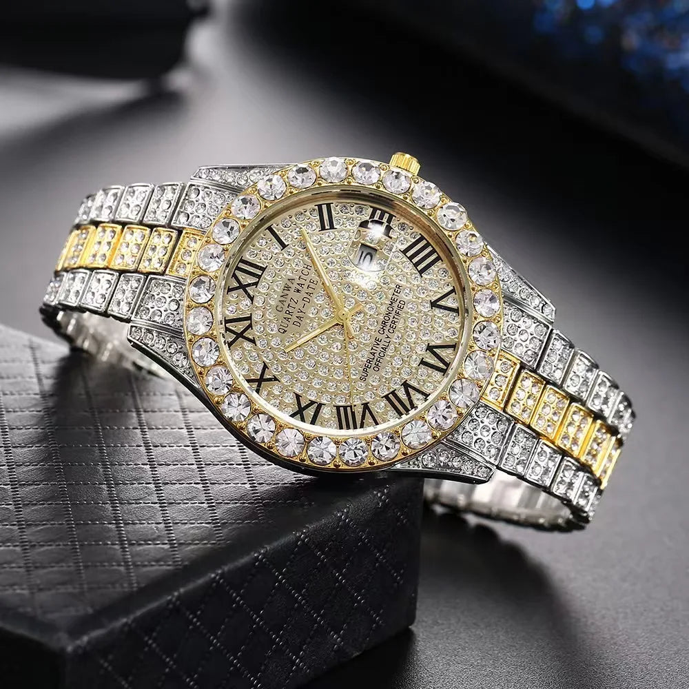 Luxury Gold Sparkling Rhinestone Iced Out Watch Unisex Quartz Calendar Wristwatch Men Women Party Jewelry Clock