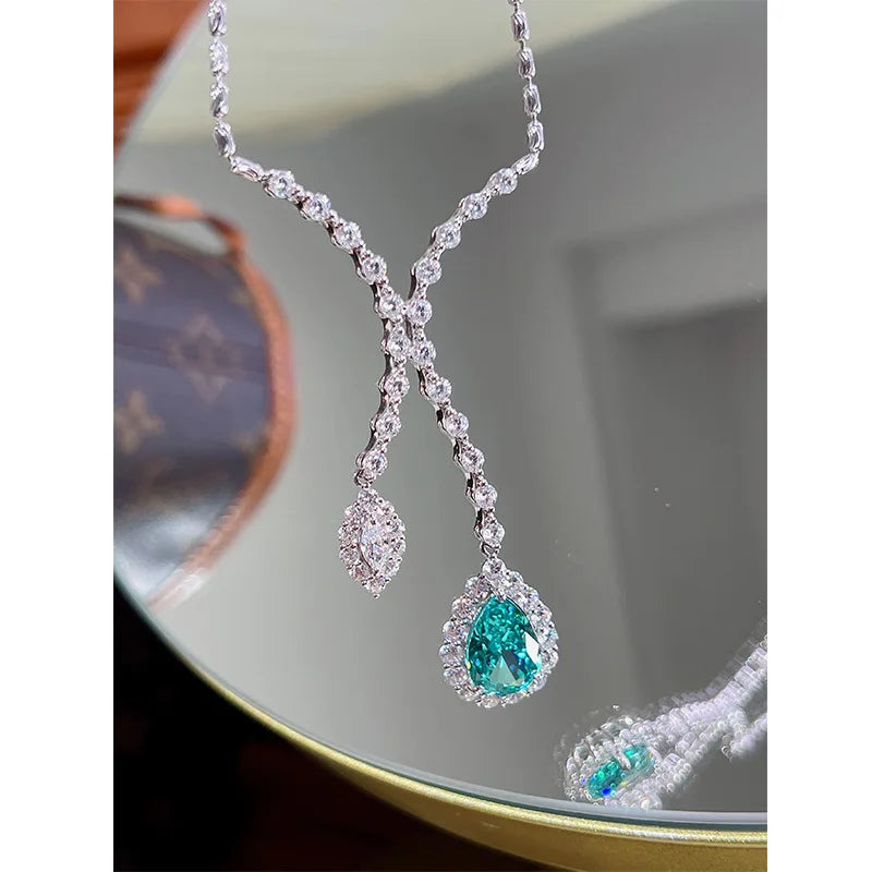 Luxury 18K Solid Platinum PT950 certifid necklace high carbon diamond necklace Mermaid Love Paraiba Tourmaline Green