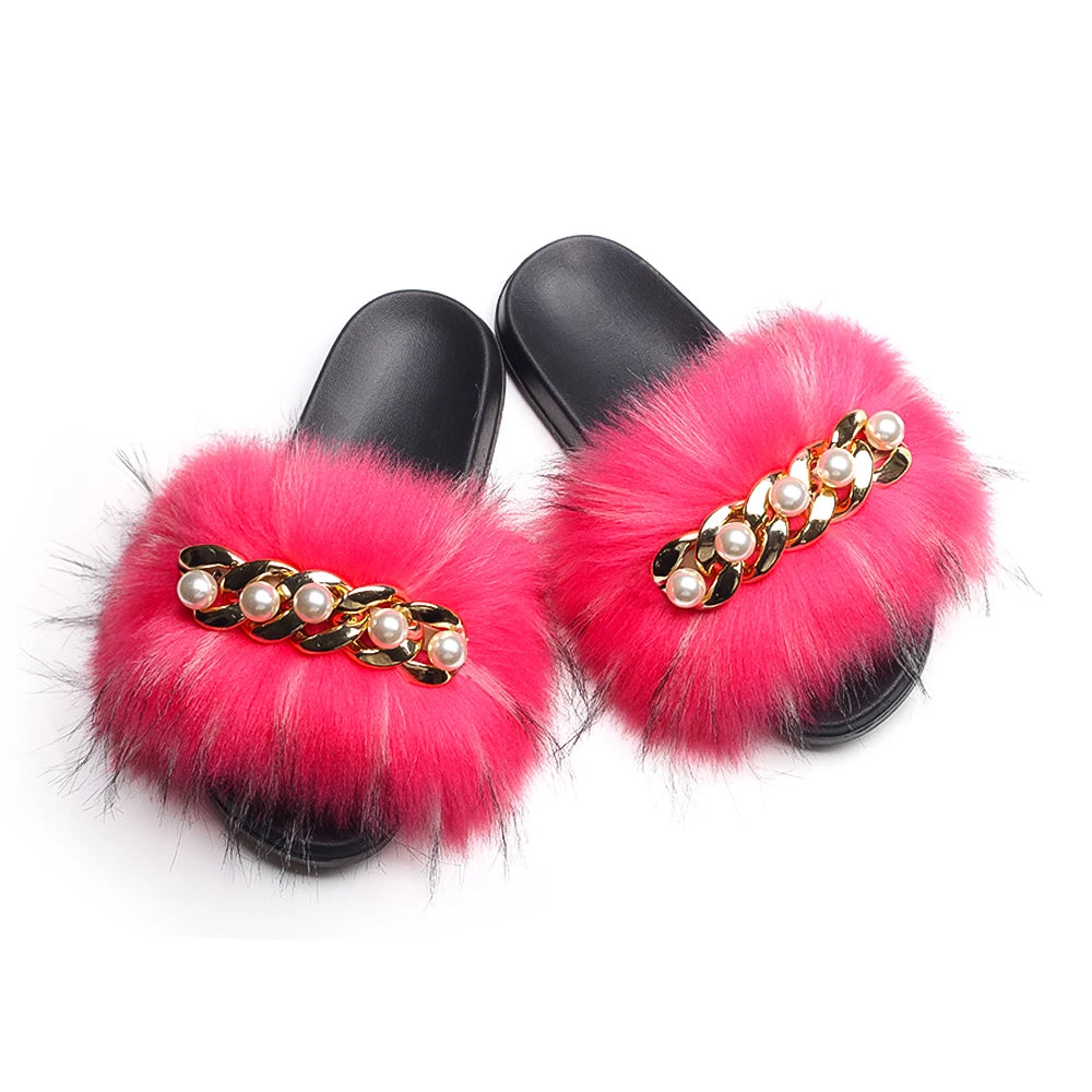 Fluffy Slippers Women Flip Flops Luxury Pearl Chain Faux Fur Slides Flat House Slippers Beach Summer Sandals Ladies Casual Shoes