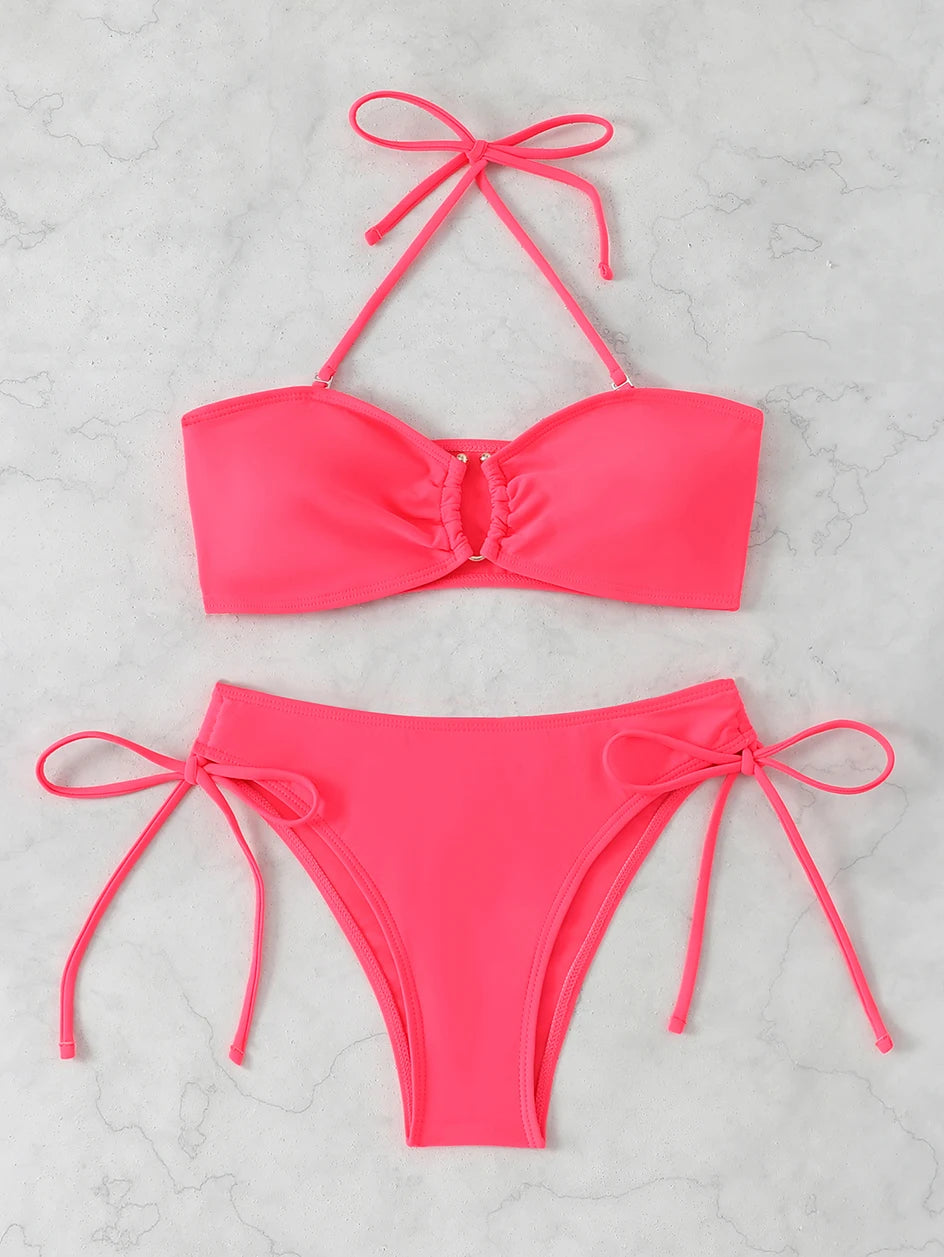 High Waist Bikini Women's Swimsuit 2026 Knotted Bathing Suits Woman Swimwear Bandeau Push Up Bikinis Sets Brazilian Beach Wear