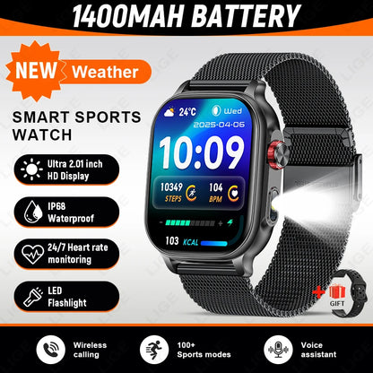 LIGE Militray 1400mAh Large Battery Smart Watch For Men 2.01 inch HD Screen 100+Sports Mode Bluetooth Call Men Women Smartwatch