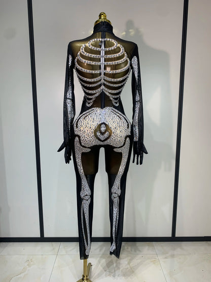 Luxury Rhinestones Skeleton Mesh See Through Jumpsuit Long Sleeve Nightclub Cos Party Stage Performance Halloween Costume