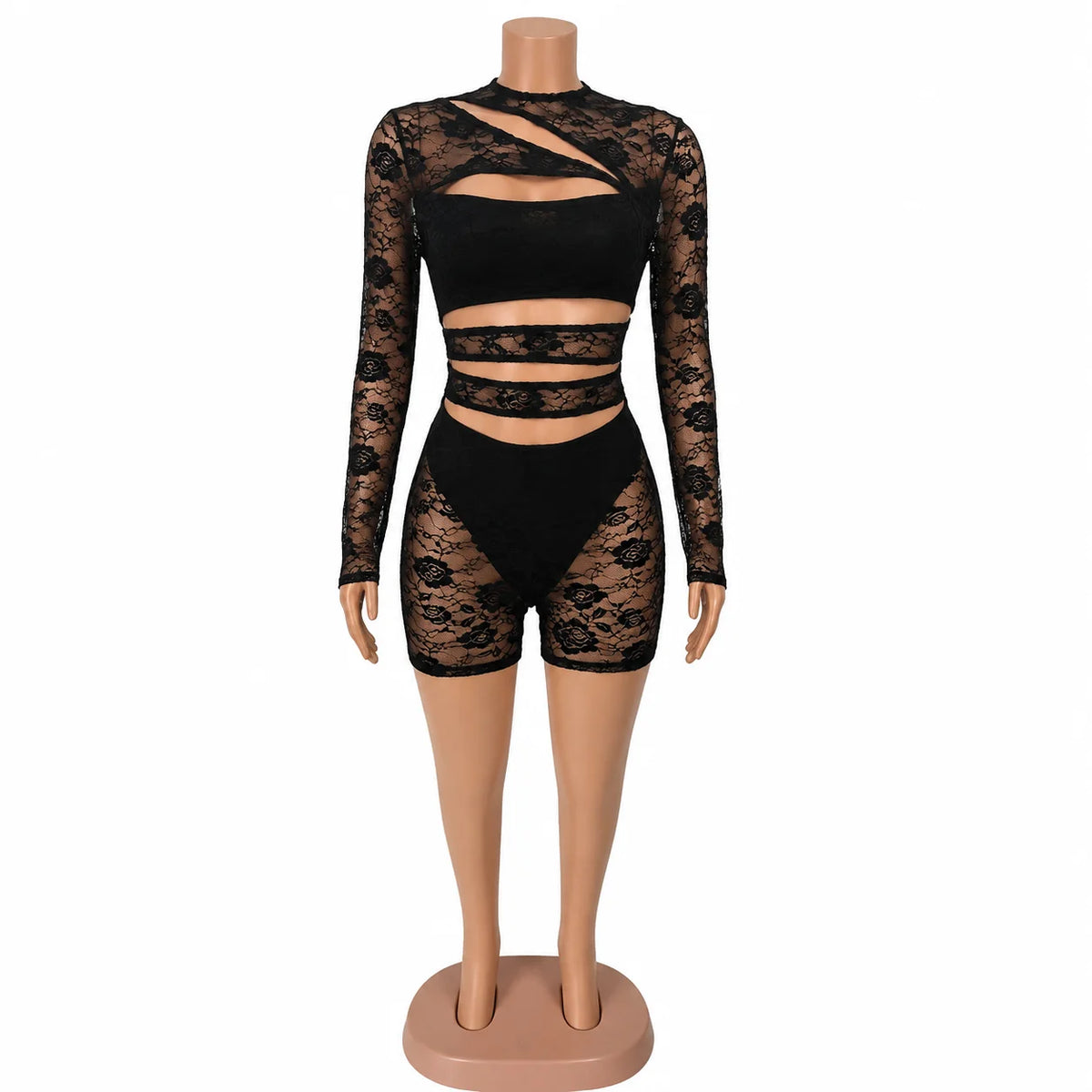 FAGADOER Sexy Black Floral Lace Rompers for Women Fashion Hollow Out Long Sleeves Bodycon Jumpsuits Night Club Mesh Playsuits