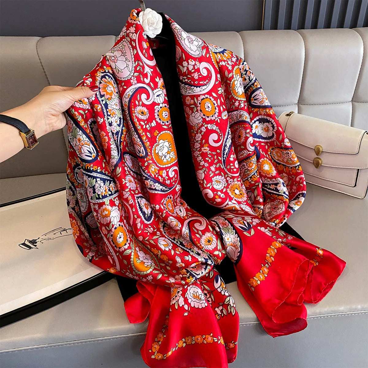180*90cm Large Silk Satin Scarf Women Fashion Printed Scarf Spring And Summer Styles New Shawl Wrap Female Hand 2025 NEW