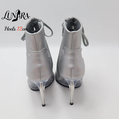12cm/5Inch Plus size Beige PU Leather Lace-up Side zipper Peep toe High Stilettos Ankle boot Pole dancing Nightclub Rave Parties