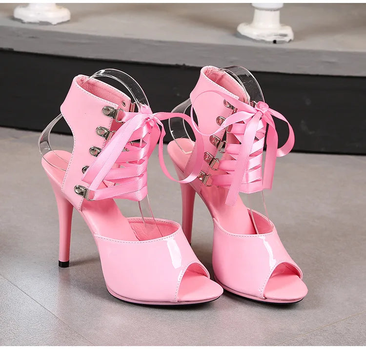 2025 New Sexy Pink High Heels 11cm Women's Shoes Fine Heels Round Head Ladies Pumps Ankle Lace-up Buckle Sandals Nightclub Shoes