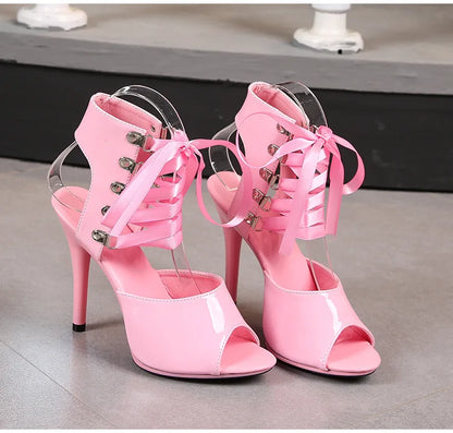 2025 New Sexy Pink High Heels 11cm Women's Shoes Fine Heels Round Head Ladies Pumps Ankle Lace-up Buckle Sandals Nightclub Shoes