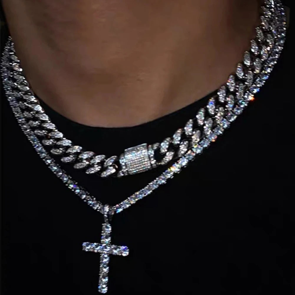 Hip Hop Diamond Cuban Link Chain Cross Necklace Men Women 2Pcs Bling Miami Cuban Chain Necklace Set Iced Out Chain Jewelry