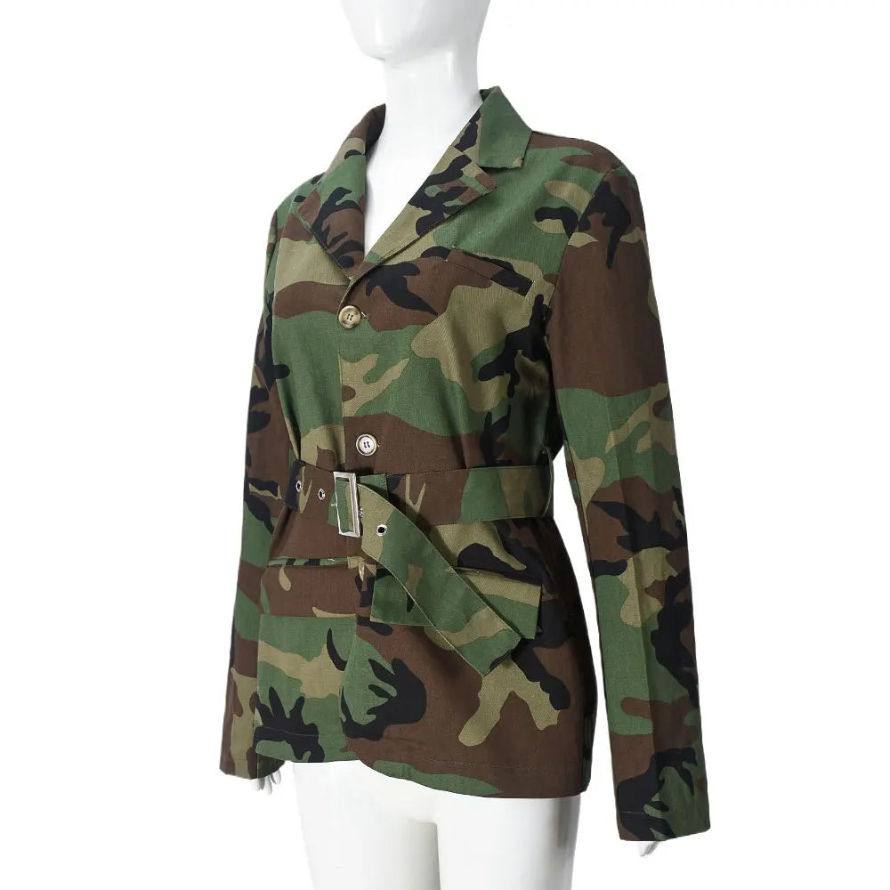 Women Camouflage Coats Belted Jacket Long Sleeves Notch Lapel Collar Single Breasted Slim Streetwear Casual 2025 Spring Autumn