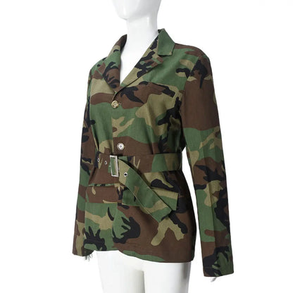 Women Camouflage Coats Belted Jacket Long Sleeves Notch Lapel Collar Single Breasted Slim Streetwear Casual 2025 Spring Autumn