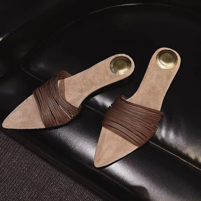 Black Pointed Toe Narrow-band Mule Slippers Women Sexy Open Toe Kitten Heel Slide Sandals Luxury Gold Embellished Design Shoes