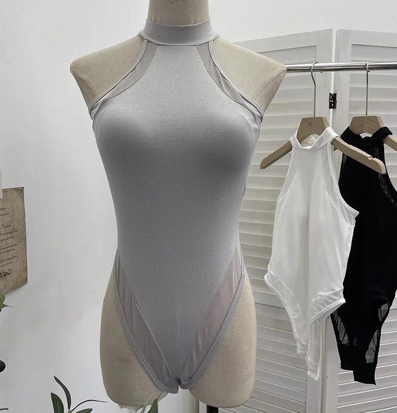ISAROSE Summer Sexy Bodysuit for Women Stretch Braless Solid Color Back Zipper Sleeveless Basic Design Slim Halter Jumpsuit